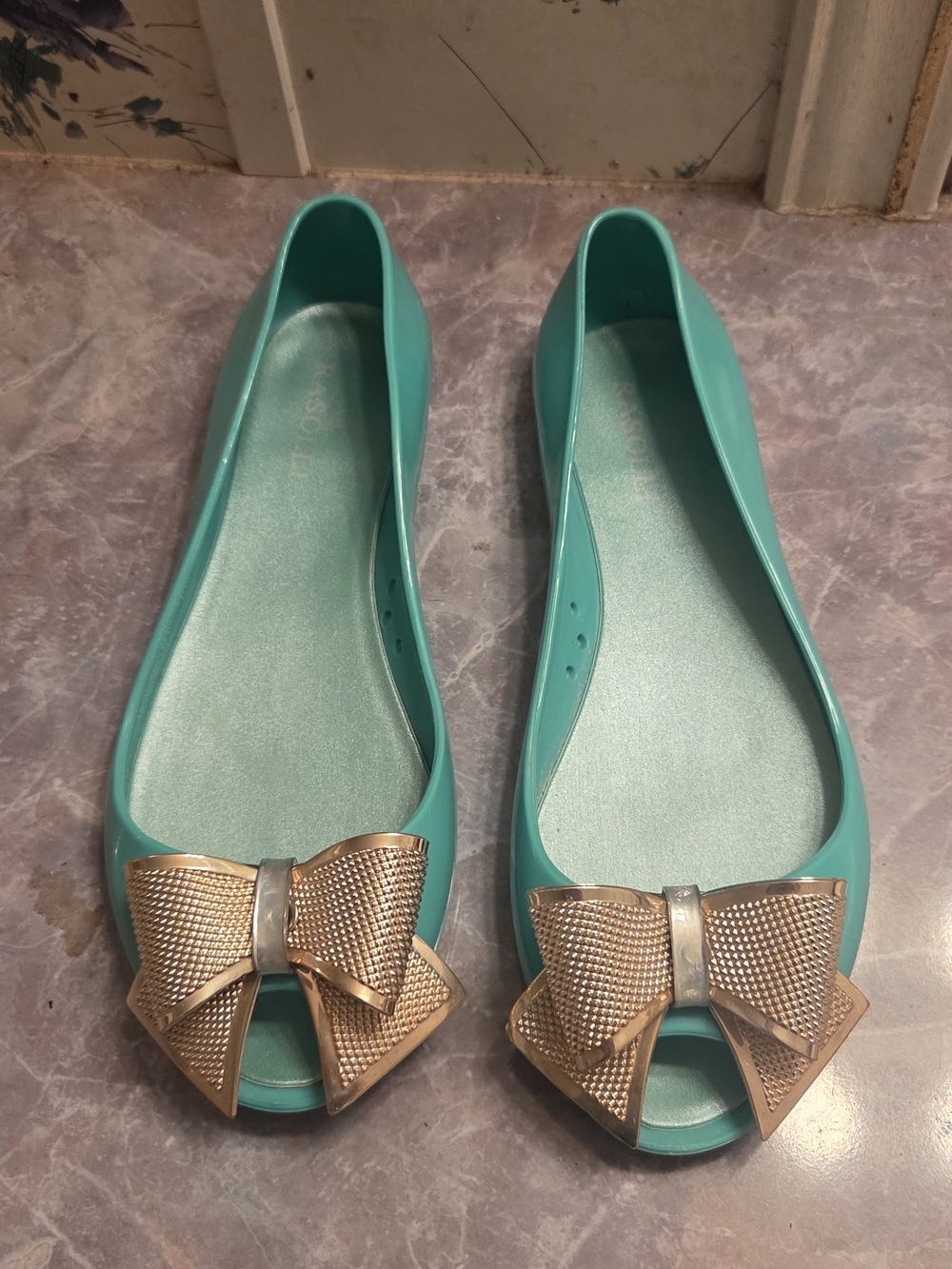 Rasolli Teal Jelly Flats with Gold Bow